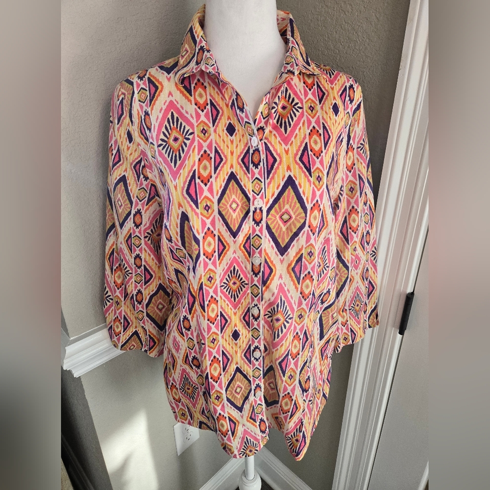 Chico's Ikat Button Back Linen Top, Size 0 (Small) - Picture 2 of 10